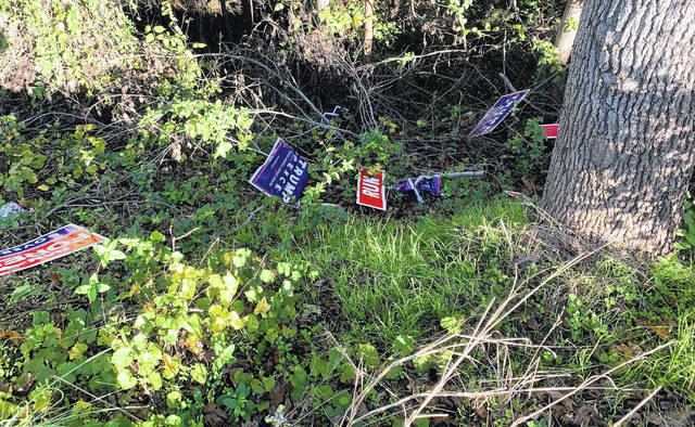 Republican political signs lay in a ditch off of US 74 after someone picked up the signs. This is the second time these signs at this location have been destroyed.
Liz O’Connell | Anson Record