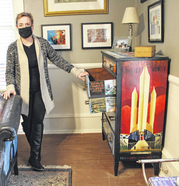 Monica Anns house resembles an art gallery with her hand-painted furniture, much of which showcase the love of her home city Chicago.
                                 Liz O’Connell | Anson Record