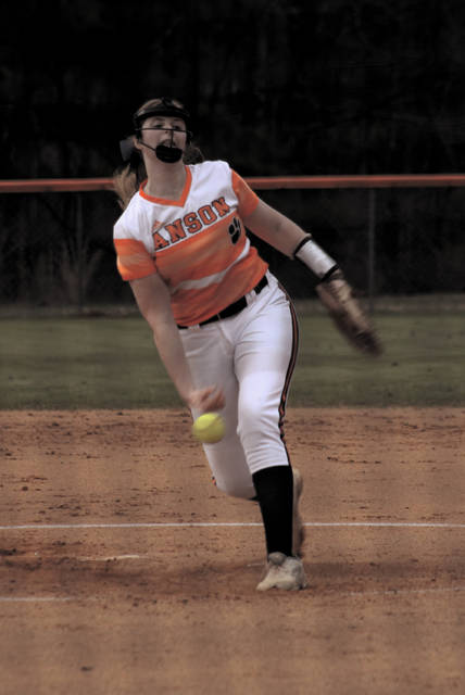 Sophomore Maci Sellers pitches a tough game against West Stanly on March 24.
Liz O’Connell | Anson Record