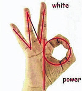 Photo courtesy of the Anti-Defamation League
This graphic was shared by an anonymous 4chan user in 2017 showing that the OK sign can be used to create the letters WP, which stands for white power.