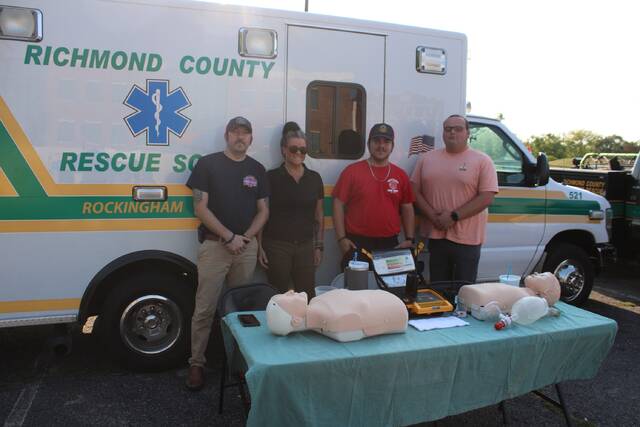 Captain Colt West, Susan Davis, Squadman Travis Austin, and Deputy Chief Brenden Watson, of the Richmond County Rescue Squad provided CPR demonstrations. Deputy Chief Watson wants the county to know that the squad is always looking for motivated individuals, ages 14 and up, to volunteer.