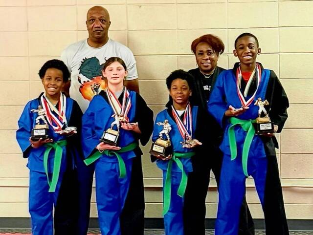 Six members of the Ebony Dragon competition team traveled to Dillon, SC, on Saturday, Jan. 27, to compete in the War Angels Karate tournament. Pictured are Curtis Tre Garth, Adelynn Helms, Christian Garth, Dennis Bodden, Master Ronnie Covington and Sensei Denise Watkins. Not pictured are Addison Jarrell and Lorenzo Hubbard.
Submitted photo