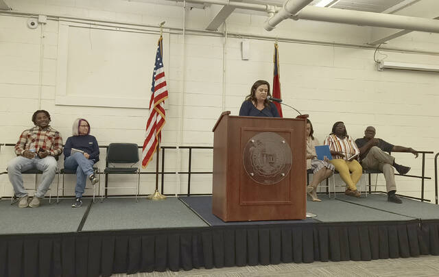 Kelly Sheppard, candidate for the Anson County School Board, speaks before an engaged crowd
                                 Lauren Monica | Anson Record