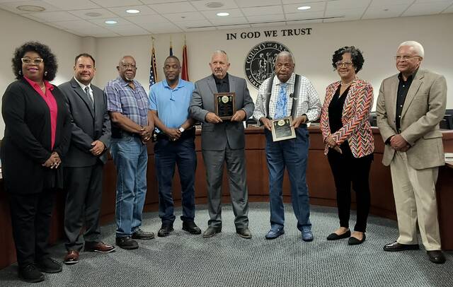 Pictured from left to right; Denise Cannon, Jamie Caudle, Jarvis Woodburn, Robert Mims, JD Bricken, Harold C. Smith, Priscilla Little Reid, and Lawrence Gatewood