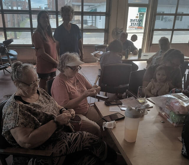 Another sucess, Yvonne Howland (seated front, left) was proud to be out not only knitting in public, but also to show her daughter support.